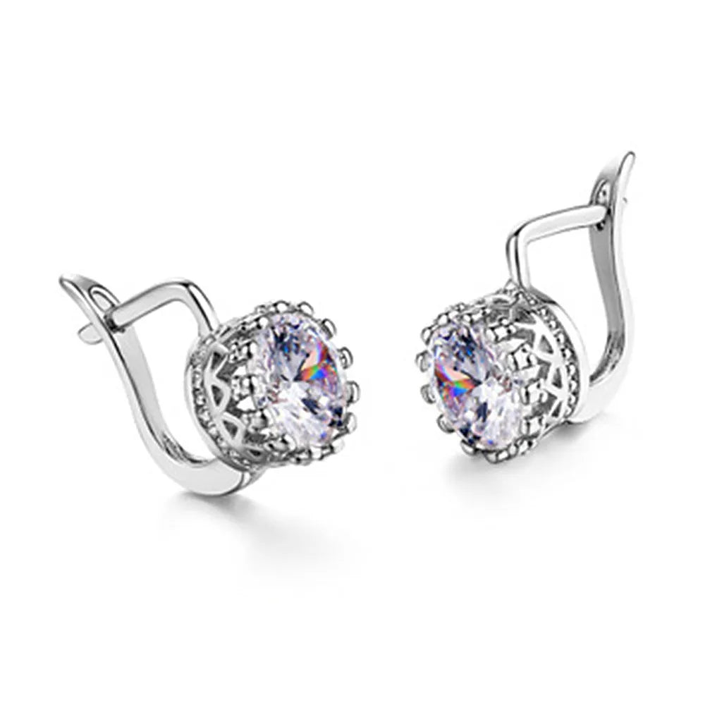 Korean retro style crown-shaped copper ear clips with studs, shown in rose gold and white gold colour options.