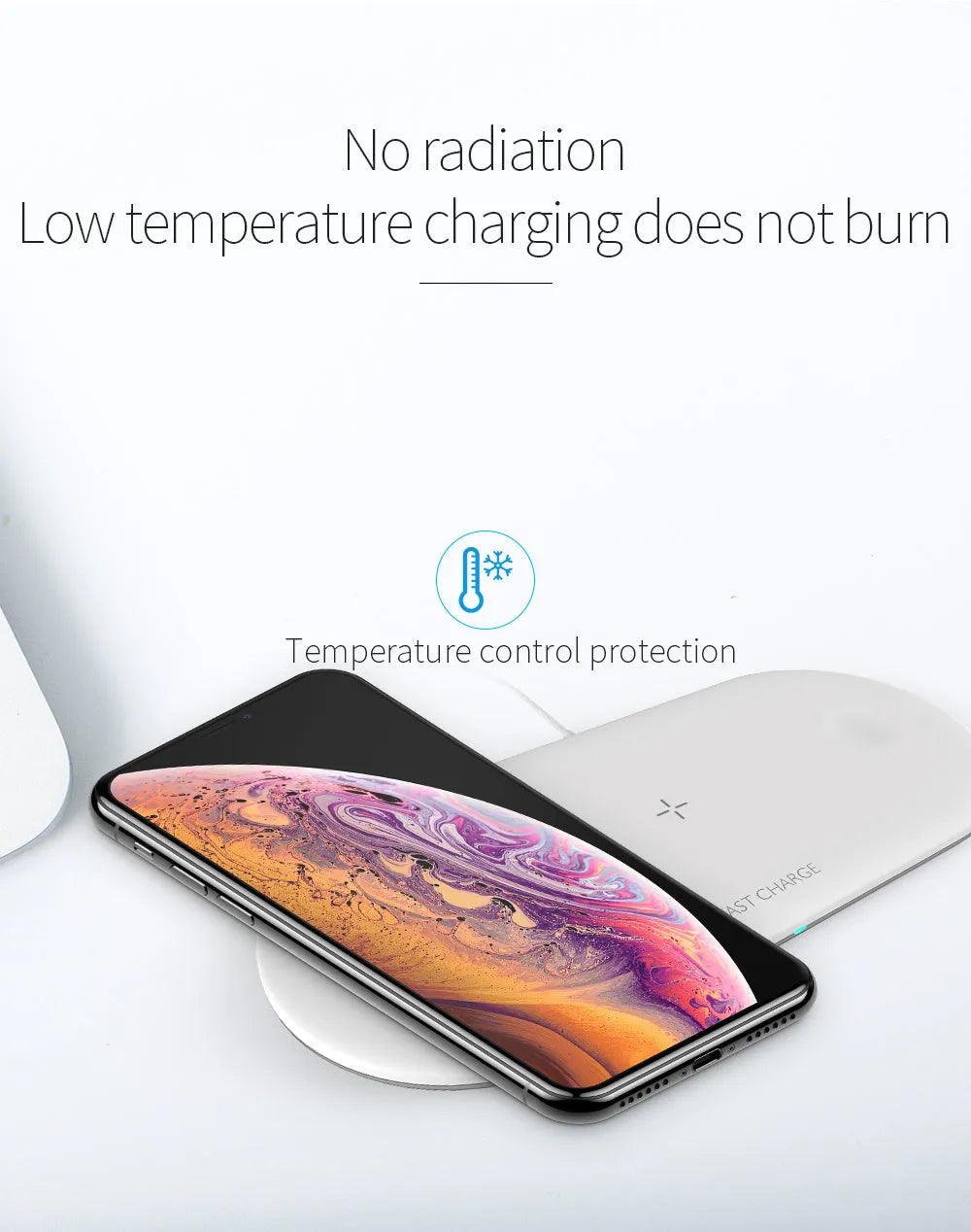 Black or white three-in-one wireless charging station for Apple-compatible phone, watch, and headphones on a desktop