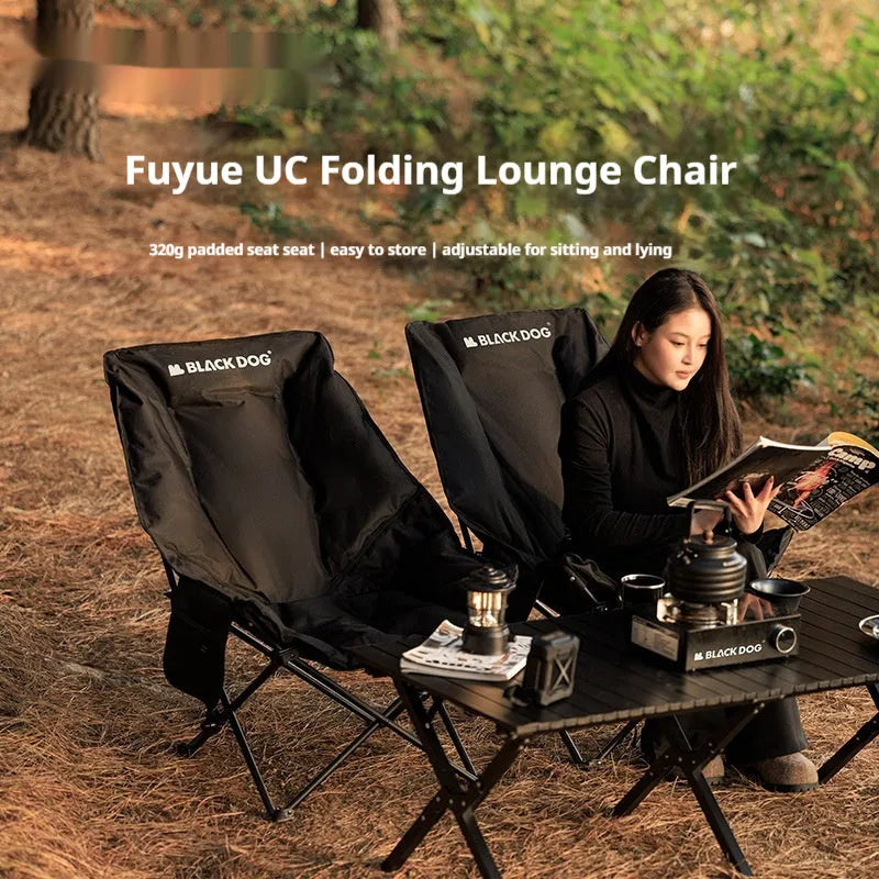 Night Black Oxford cloth camping recliner moon chair in folded and unfolded positions