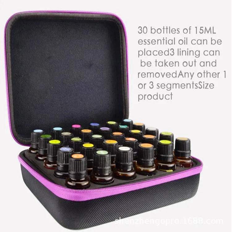 EVA cosmetic storage bag with 30 compartments for 15ml essential oil bottles, wall-mounted cube organiser.