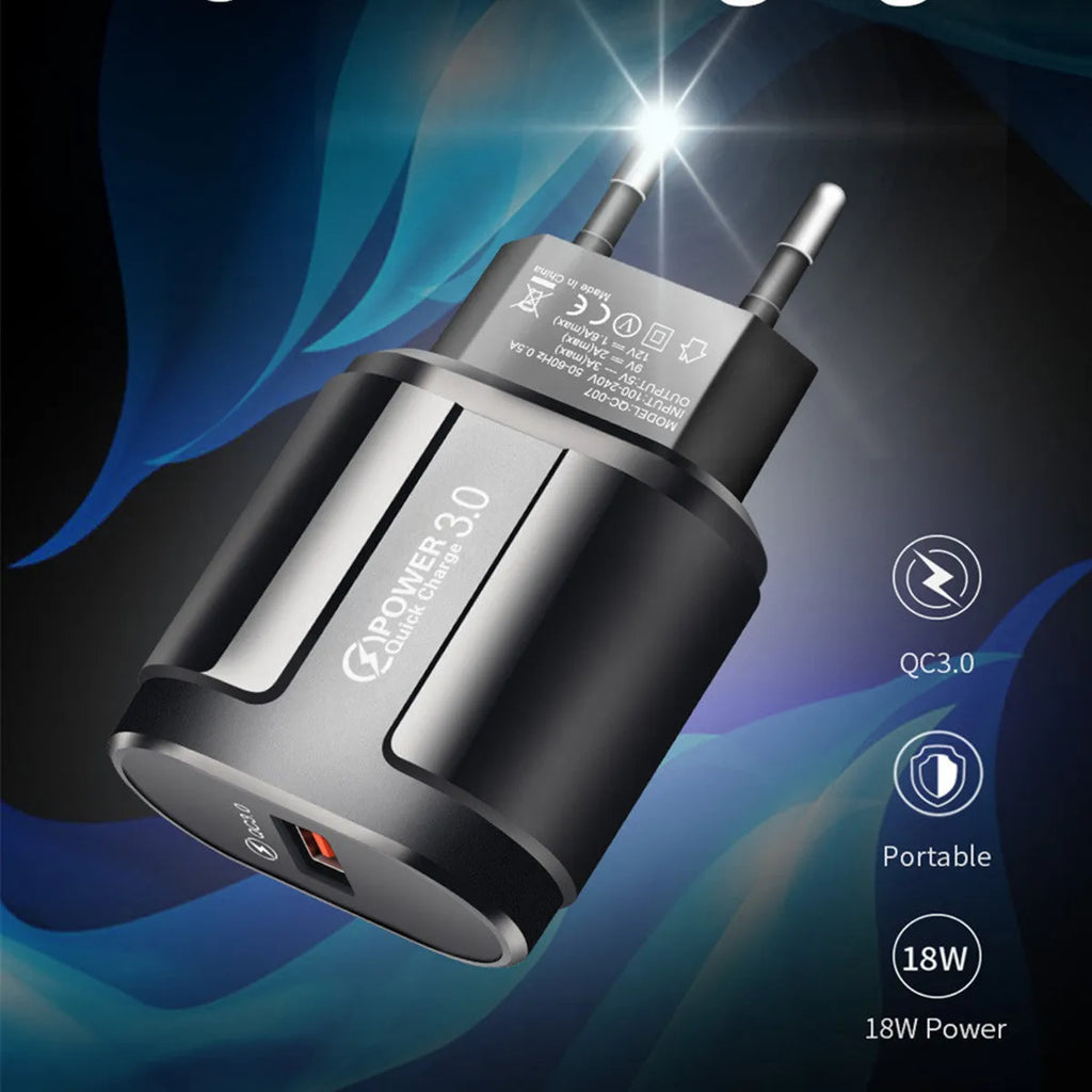White or black international smart charger showing EU UK US plug options with 20x40x65mm dimensions