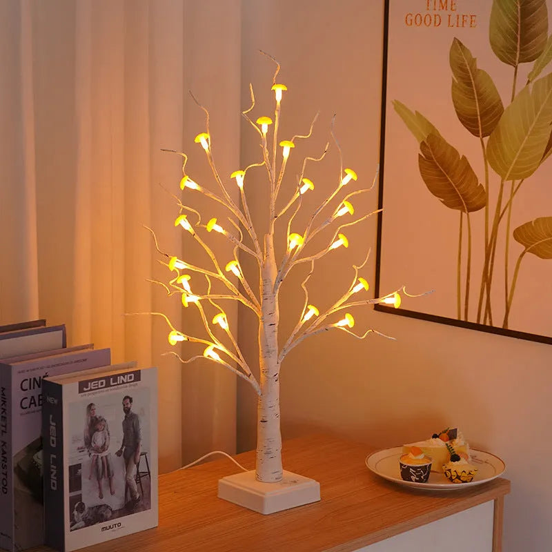 60cm tall birch tree LED lamp with 24 white mushroom decorations glowing with warm white light