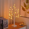 60cm tall birch tree LED lamp with 24 white mushroom decorations glowing with warm white light