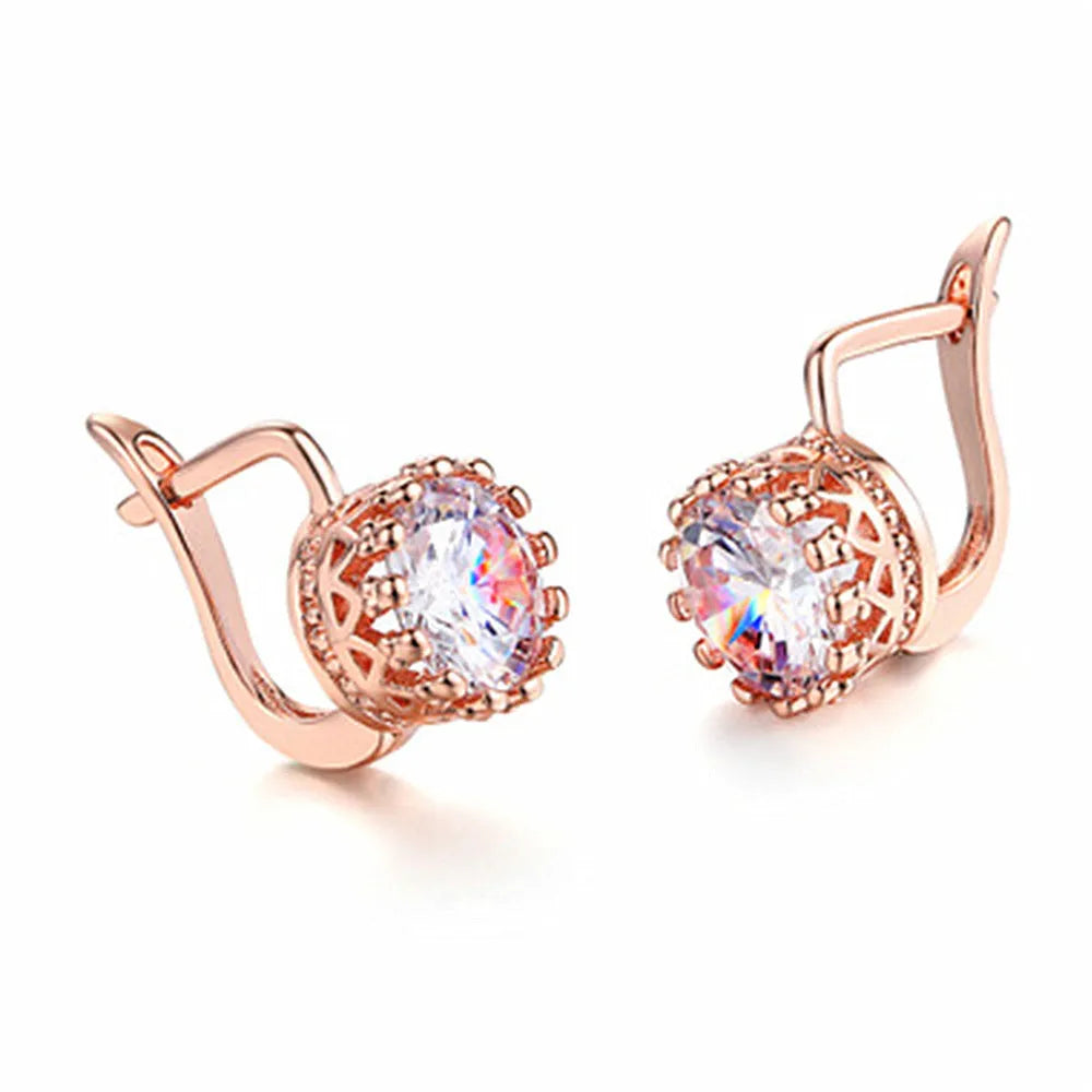Korean retro style crown-shaped copper ear clips with studs, shown in rose gold and white gold colour options.