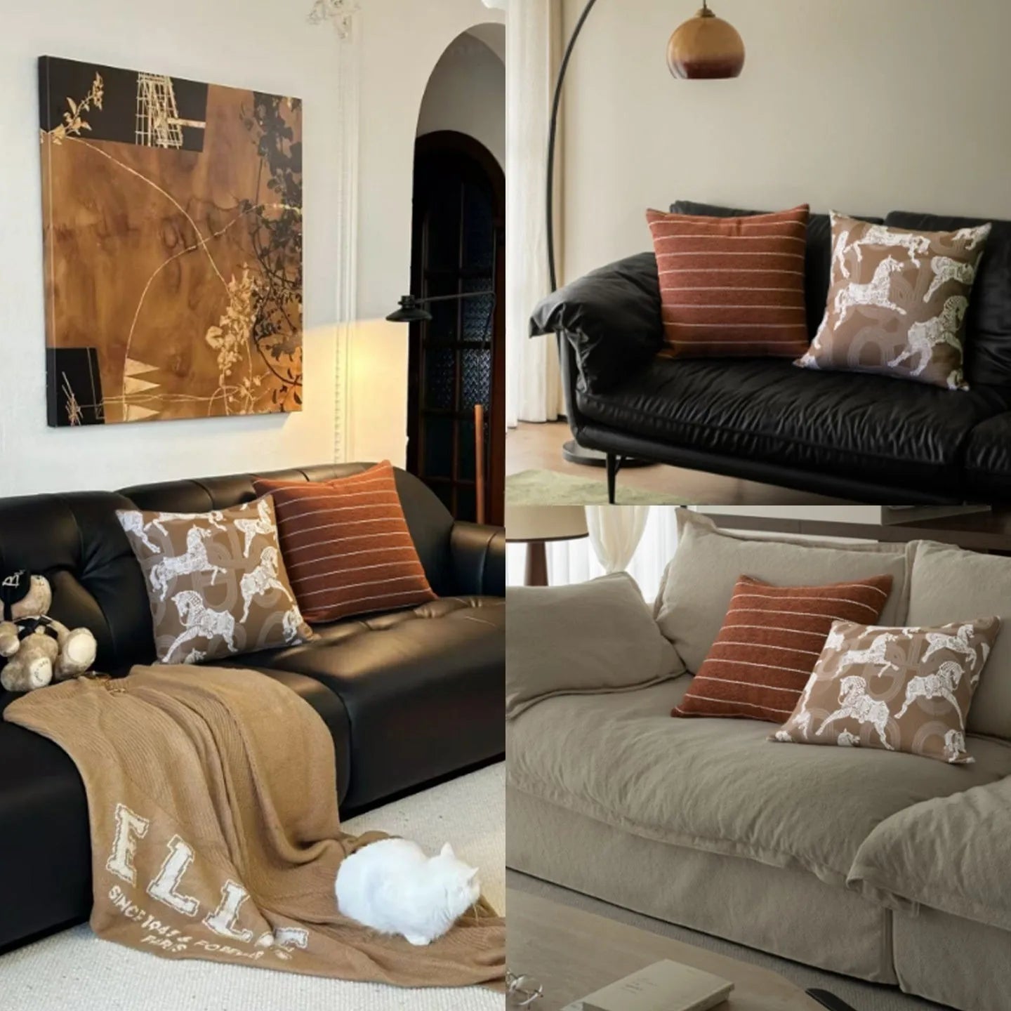 Square Chinese ancient style cushion in brown Maillard colour on a sofa.