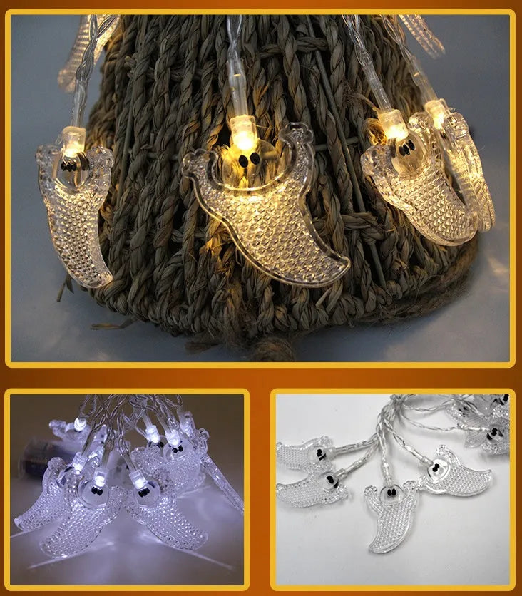 Halloween LED string lights with pumpkin, bat, ghost and spider lantern decorations