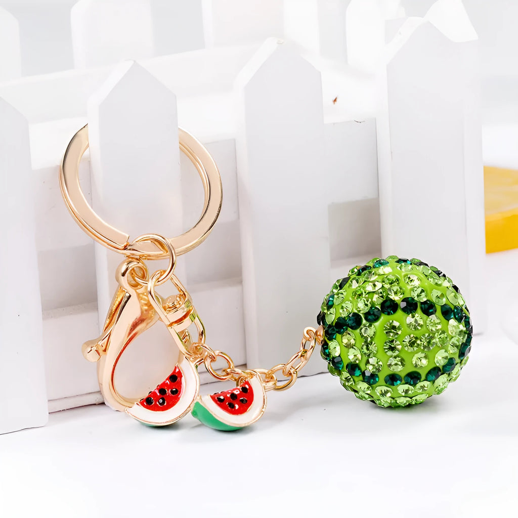 Green zinc alloy watermelon keychain shown at 12cm length.