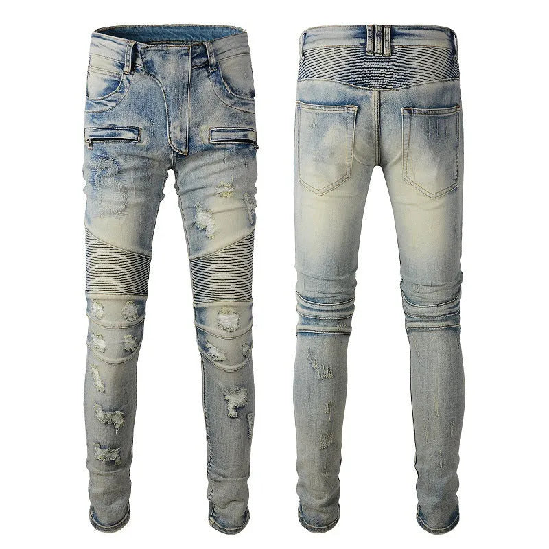 Light blue distressed men's slim fit jeans with hand-frayed rips and a straight leg cut.