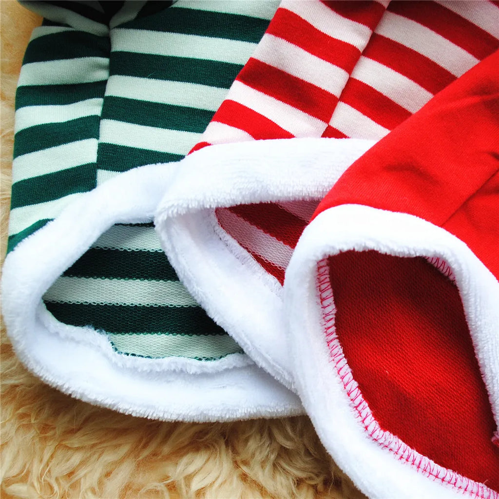Christmas dog outfit with hairy border trim in cotton terry sweater fabric on a small dog red colour option