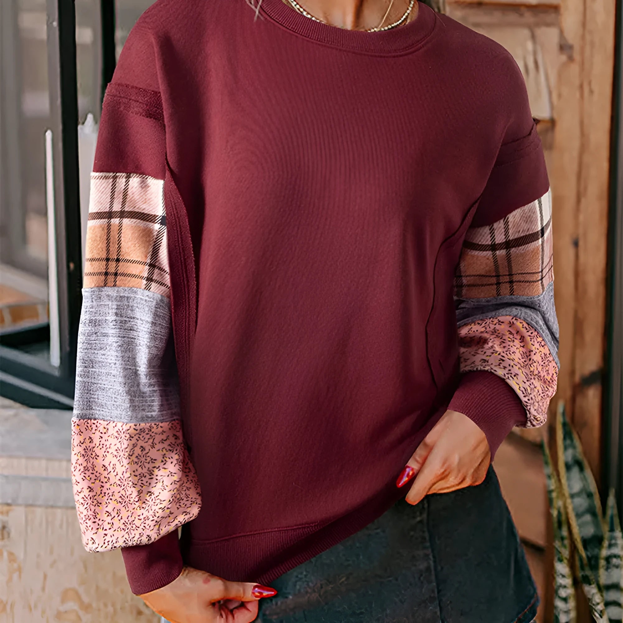 Women's plaid stitching long-sleeved polyester top in loose Japanese Korean casual style