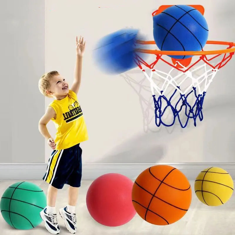 Silent high density foam basketball in assorted bright colours with basketball frame