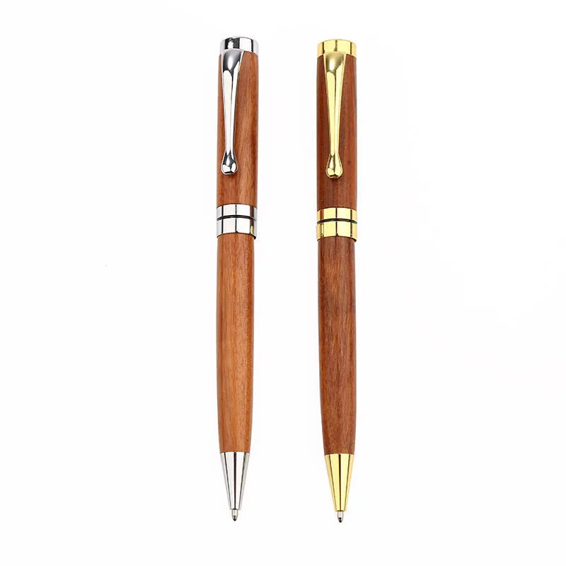 Wooden metal ballpoint pen with rosewood barrel on desk surface, 14cm length, gold colour option