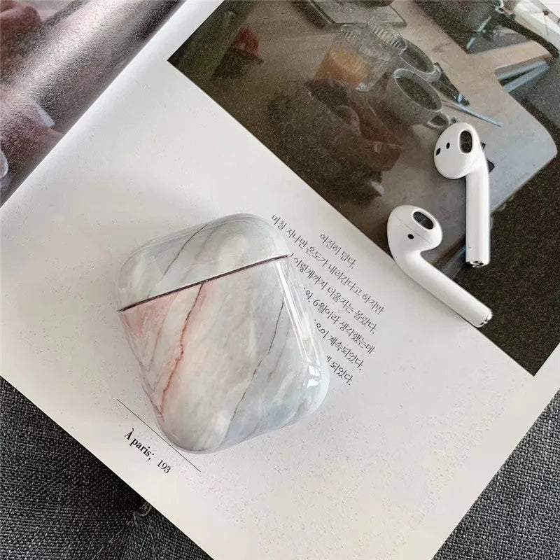 White Marble hard PC protective case for Apple AirPods 1 and AirPods 2 charging box