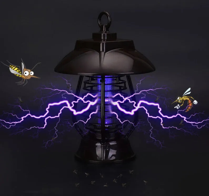 Black solar mosquito lamp with solar panel and LED lights for outdoor insect control