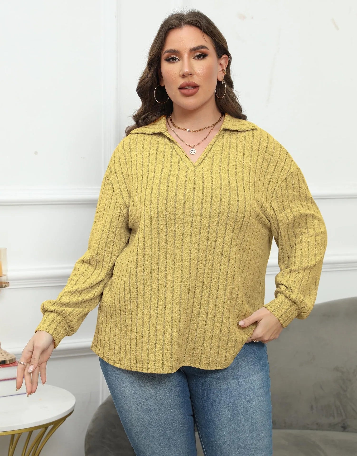 Women's plus size polo collar polar fleece shirt with lantern sleeves in melange gray fabric