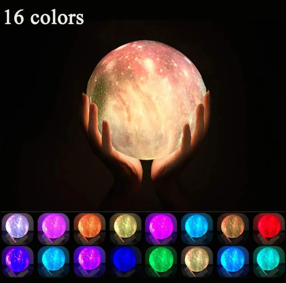 3D printed spherical lunar night light on a table showing colour-changing LED illumination.