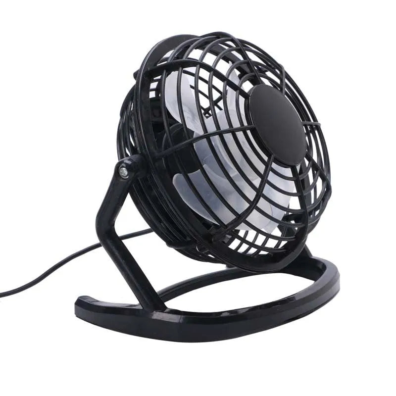 Mini USB desk fan with adjustable tilt angle in black, white, or blue colour options