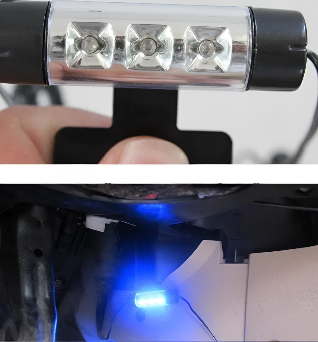 Compact blue LED car interior footwell light with 60mm length and 16mm diameter, rotating head and cable