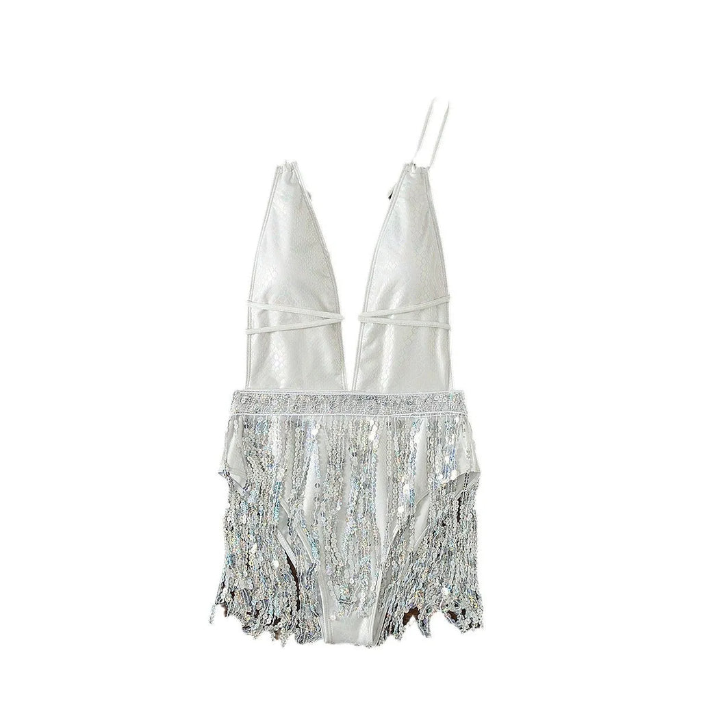 White deep V-neck one-piece swimsuit with tassel detailing for swimming