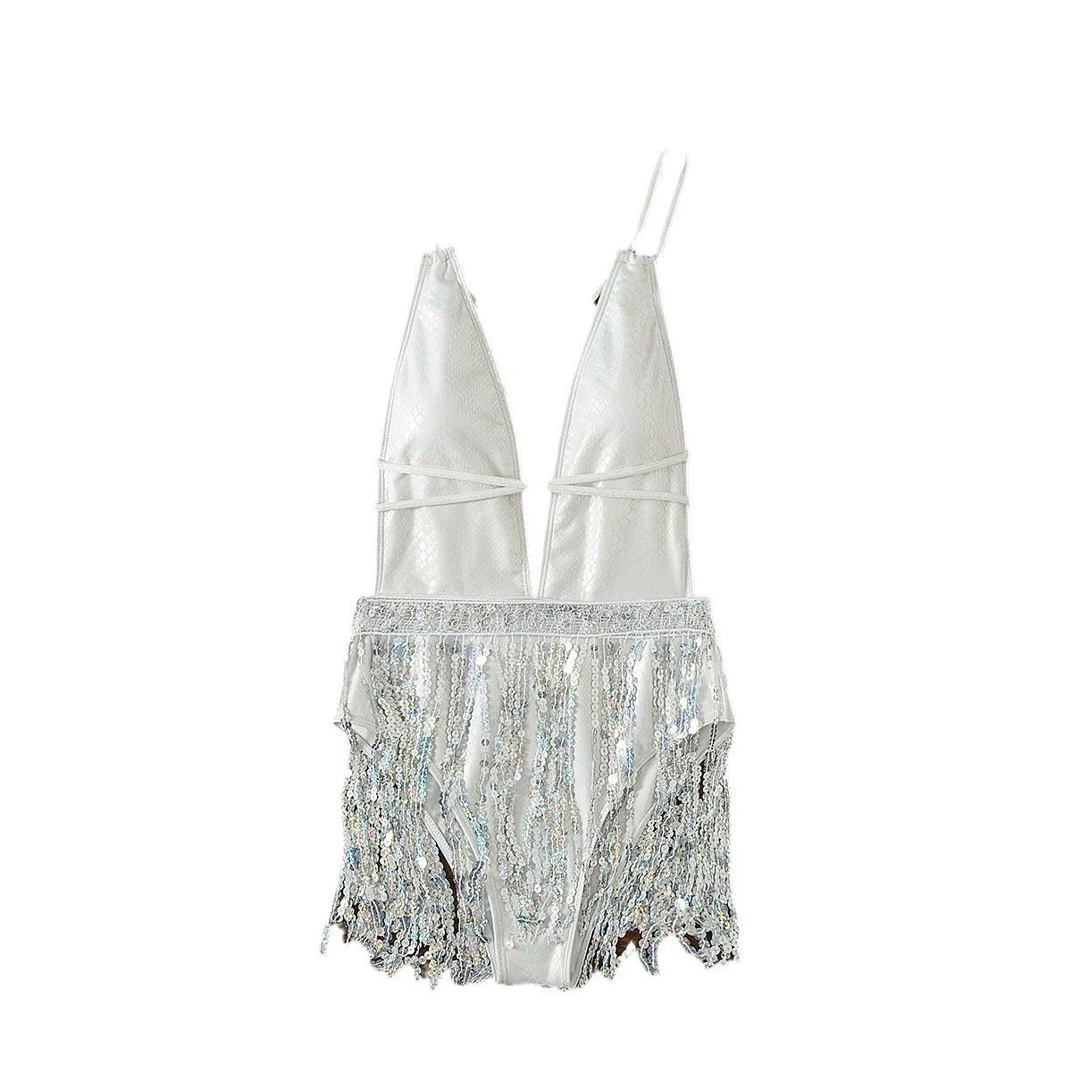 White deep V-neck one-piece swimsuit with tassel detailing for swimming