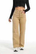 Women's high waist wide leg autumn jeans in apricot and khaki cotton
