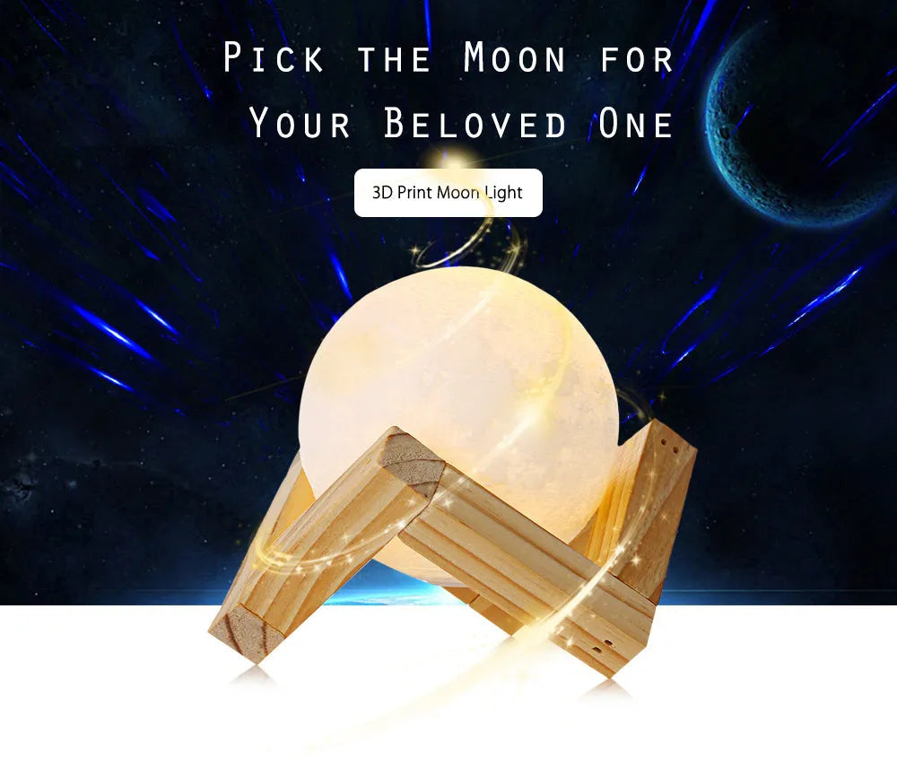 3D printed moon lamp on wooden stand with touch control ring at base, showing white and yellow light colours.