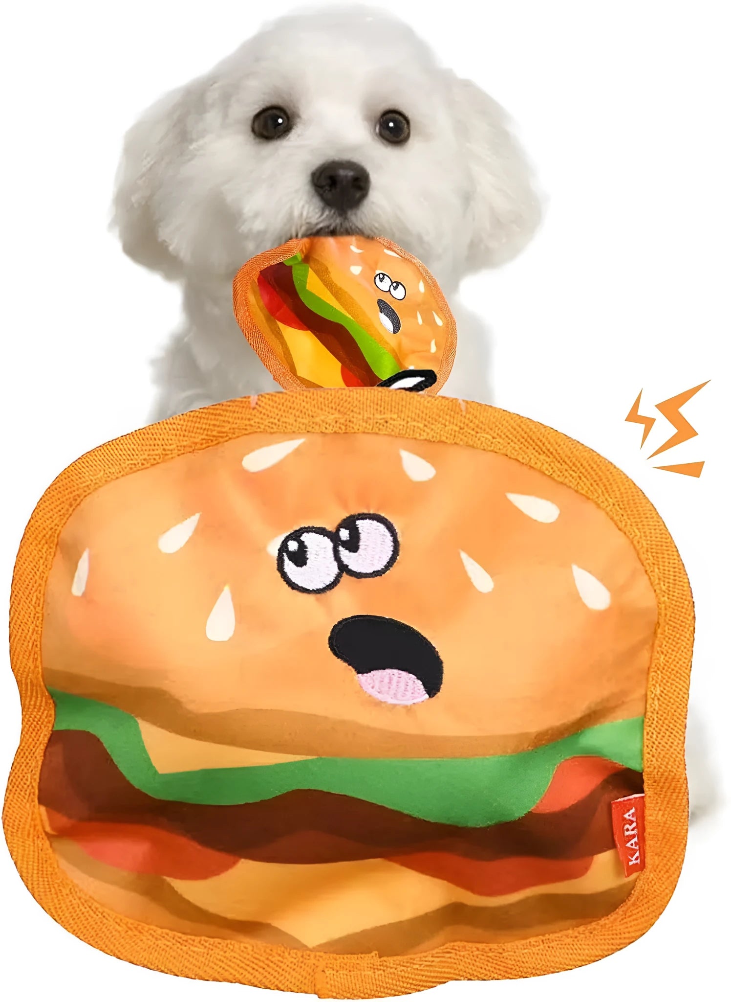 Crinkle and squeaker dog toy in hamburger shape with no stuffing