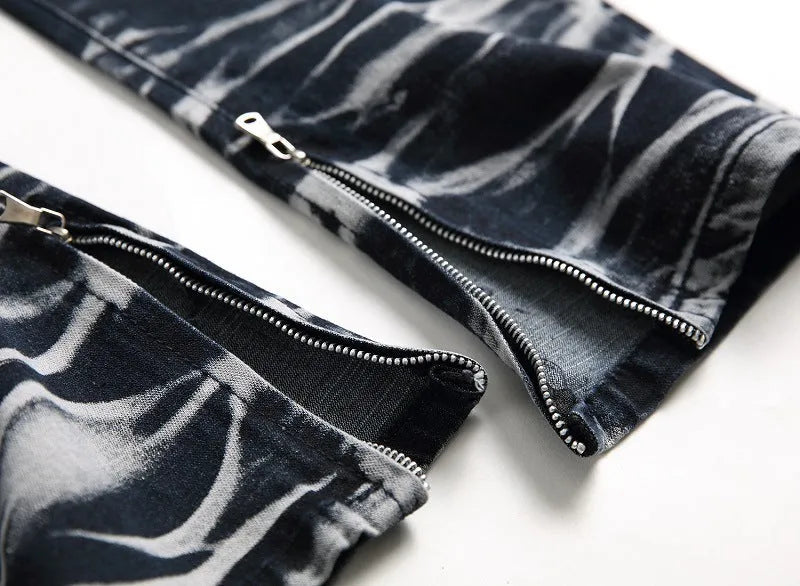Men's blue and white faded cotton denim jeans with distressed worn finish, straight leg style