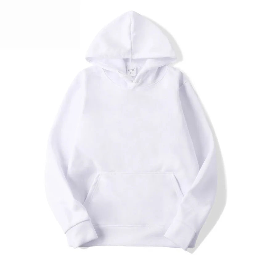 White cotton blend hoodie with hood and long sleeves on hanger