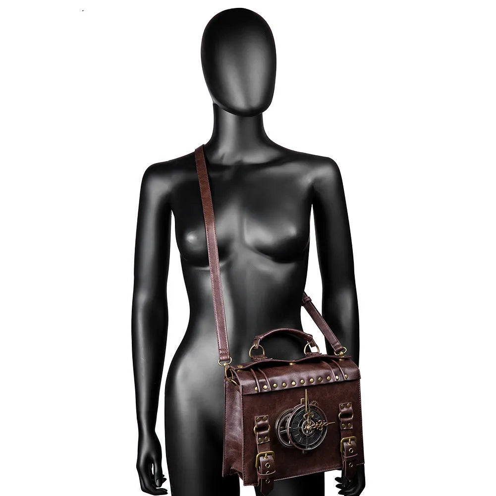 Bronze steampunk industrial retro shoulder bag with metal hardware and square pillow shape