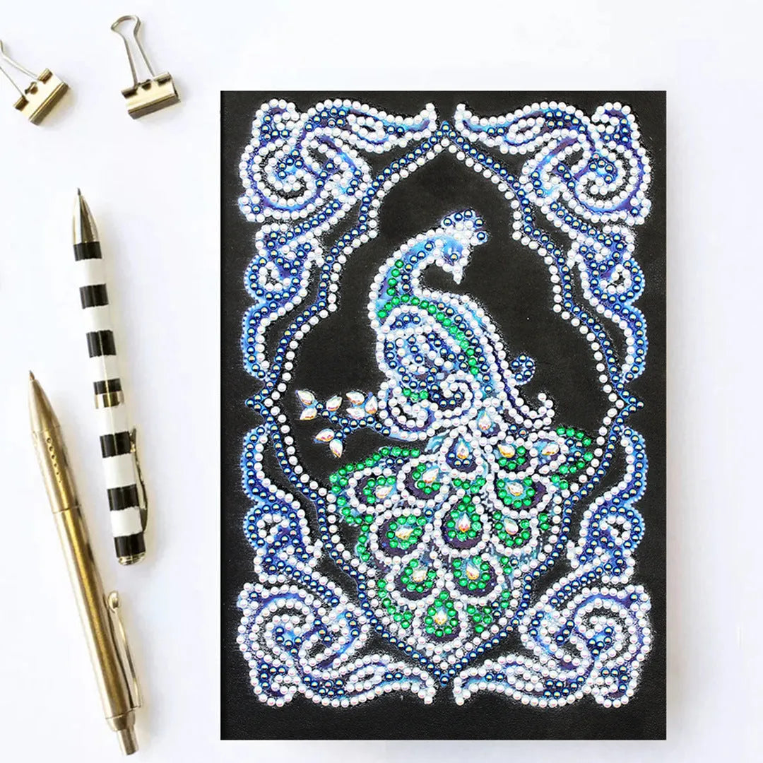 Black A5 diamond painting notebook with peacock theme design for craft project organisation