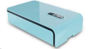 Blue UV light phone steriliser box with closed lid on a table, dimensions 205x120x35mm.
