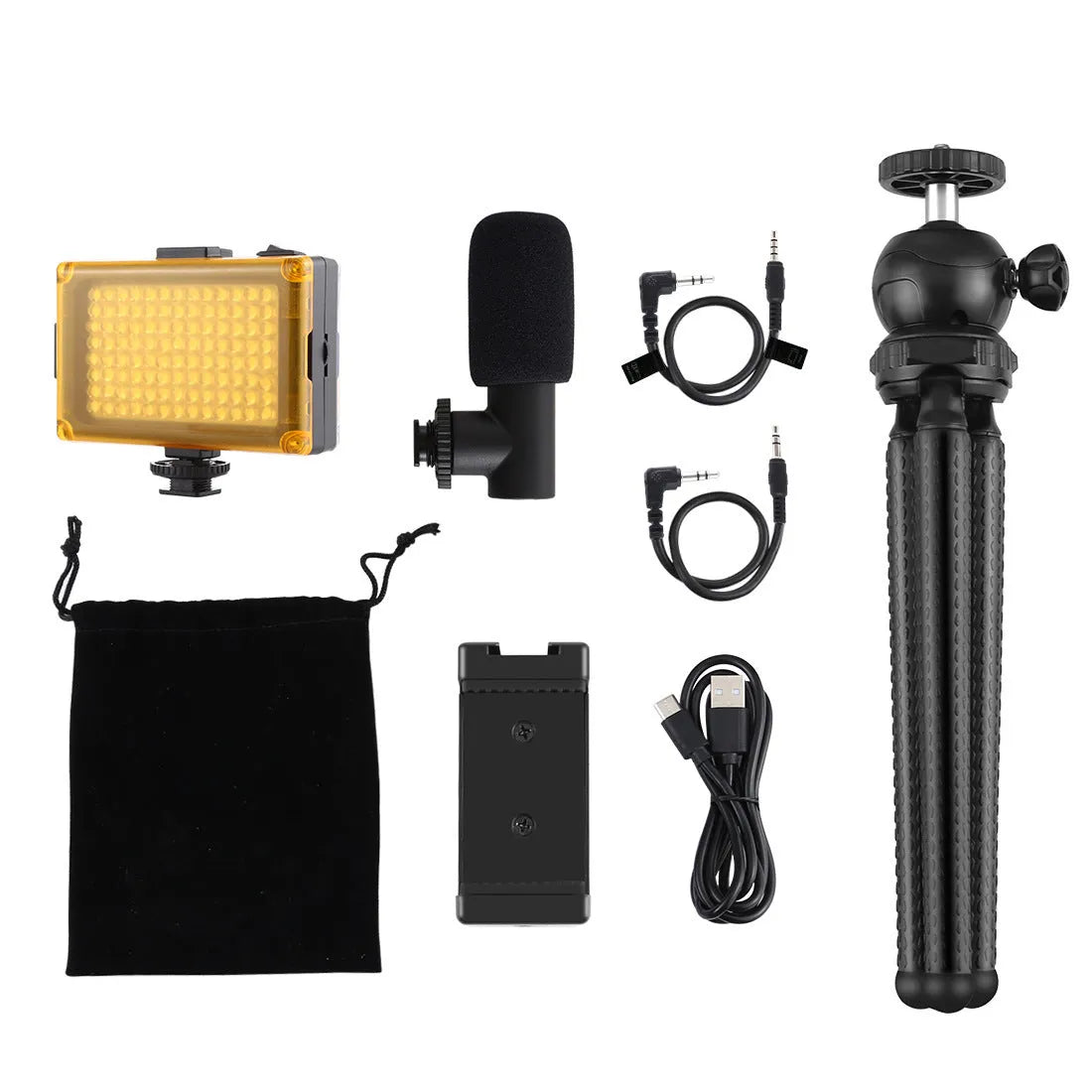 Black octopus tripod kit with flexible legs, fill light, and microphone for iPhone live streaming