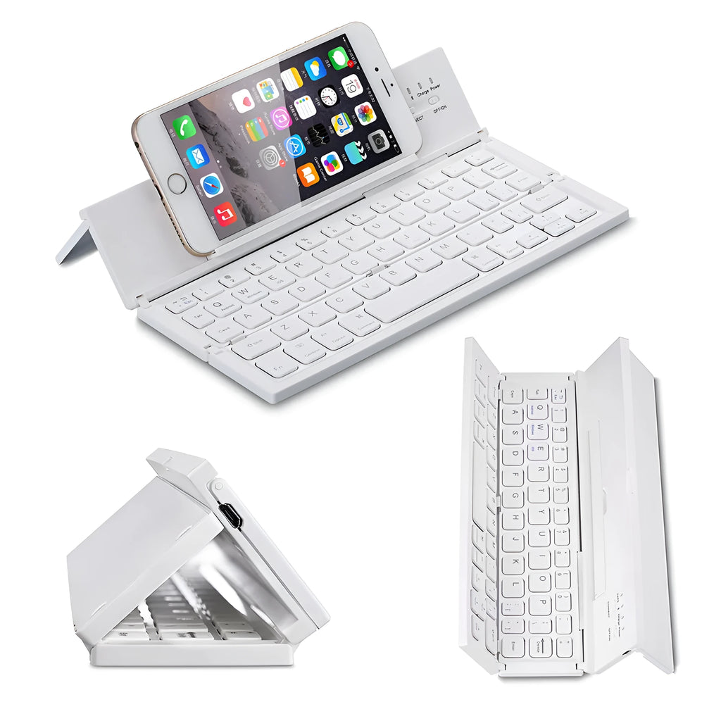Black folding wireless Bluetooth keyboard shown open next to a tablet demonstrating its compact portable size.