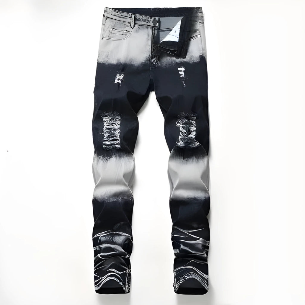 Men's blue and white faded cotton denim jeans with distressed worn finish, straight leg style