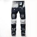 Men's blue and white faded cotton denim jeans with distressed worn finish, straight leg style