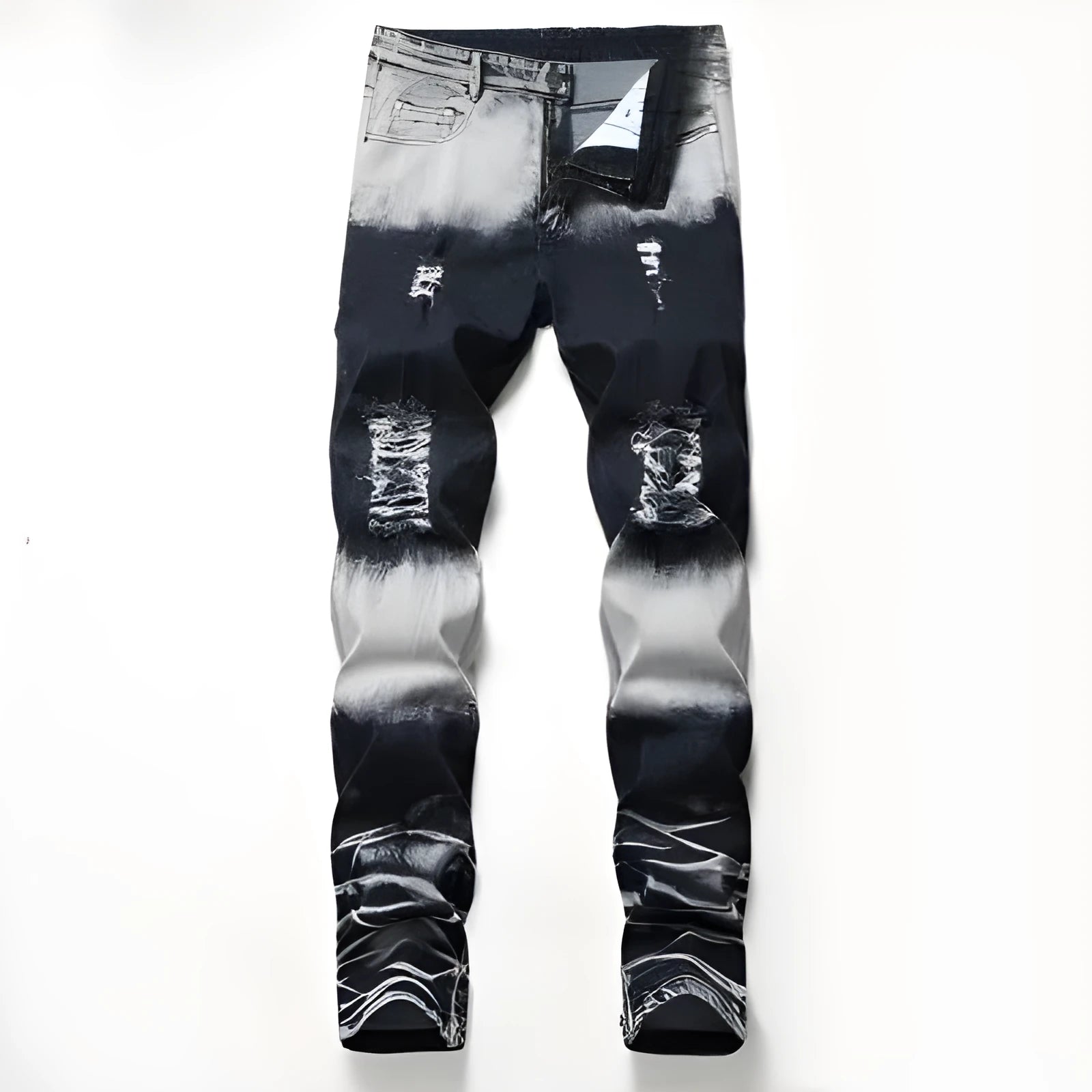 Men's blue and white faded cotton denim jeans with distressed worn finish, straight leg style
