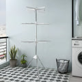 Mobile three-layer stainless steel drying rack with plastic clips for socks and ties.