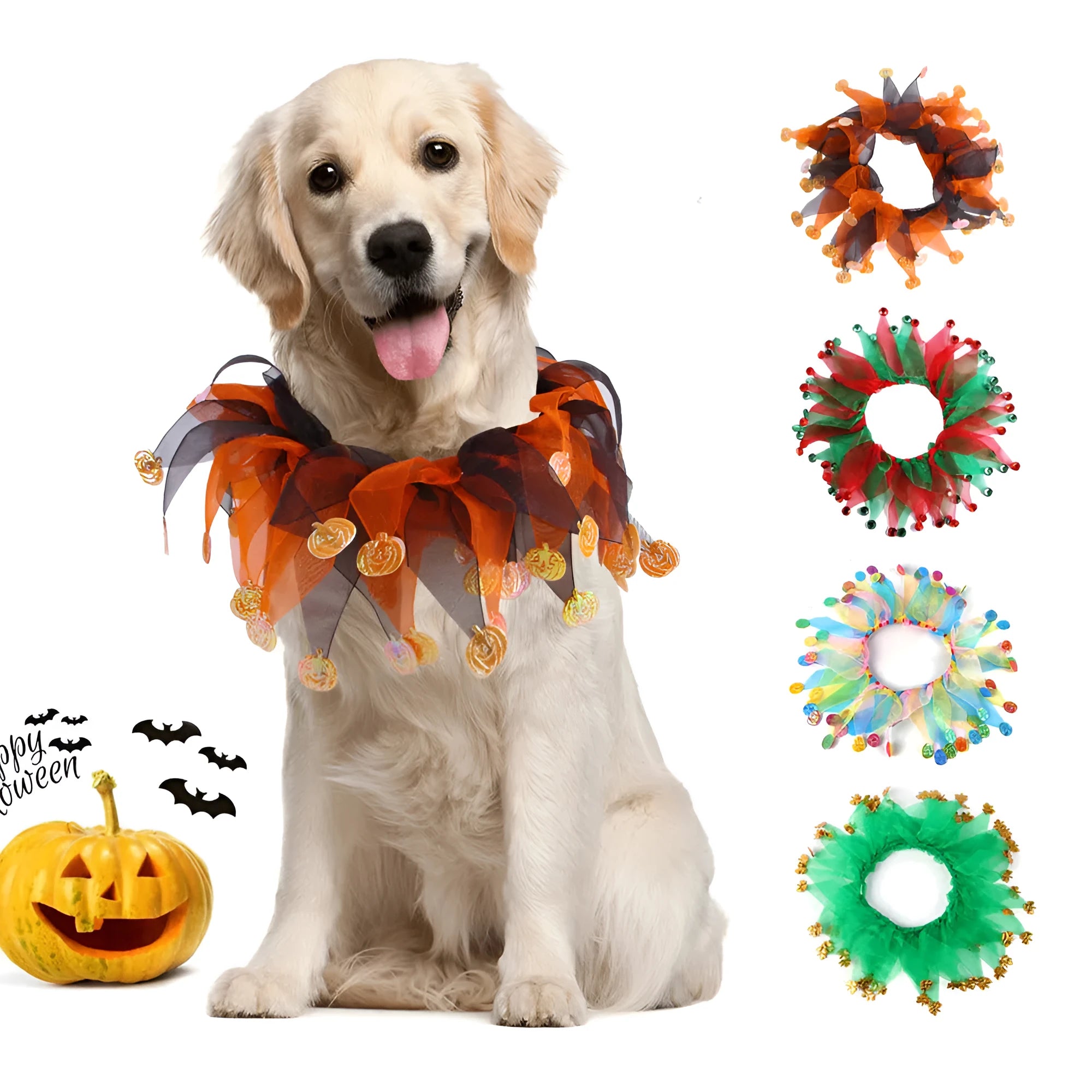 Tie dye dog collar in cloth material showing colour pattern options