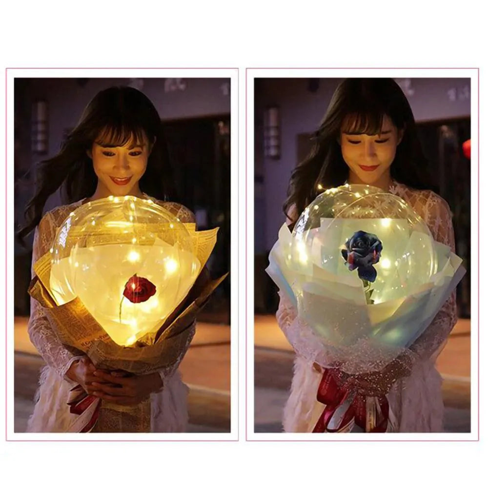 DIY LED luminous transparent balloon and artificial rose bouquet kit for party decoration.