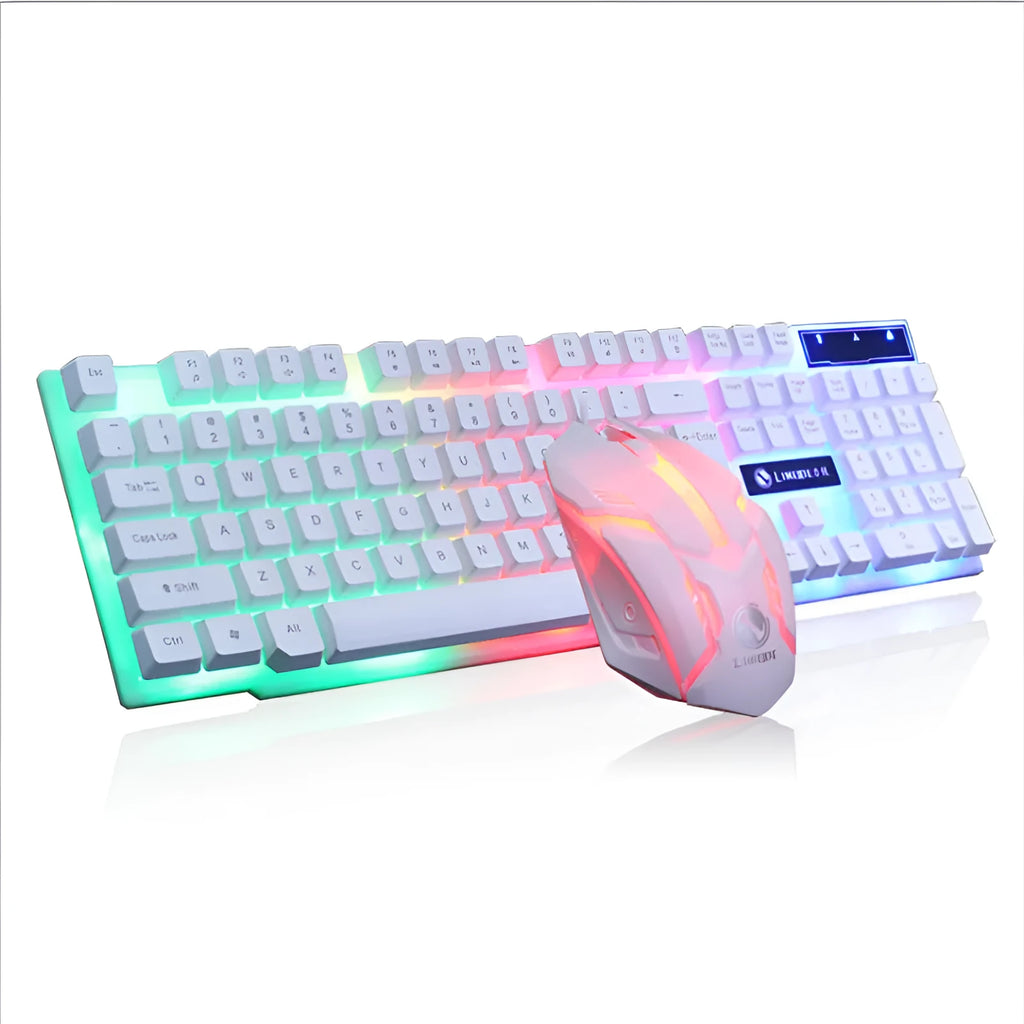 Limei Gtx300 mechanical gaming keyboard and mouse set with backlit 104-key keyboard on desktop