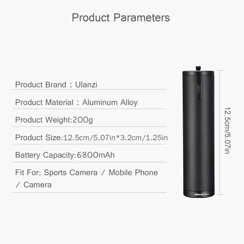 Black aluminium alloy portable power bank with 6800mAh capacity and carrying handle