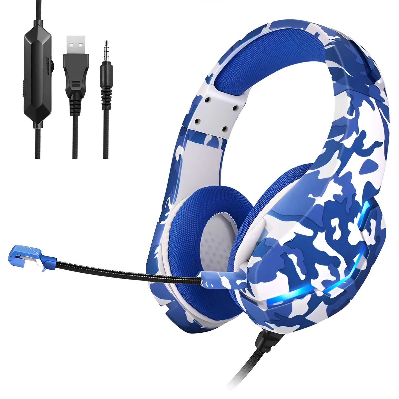 Eat Chicken wired gaming headset with cloth earmuffs and braided cable in camouflage blue.