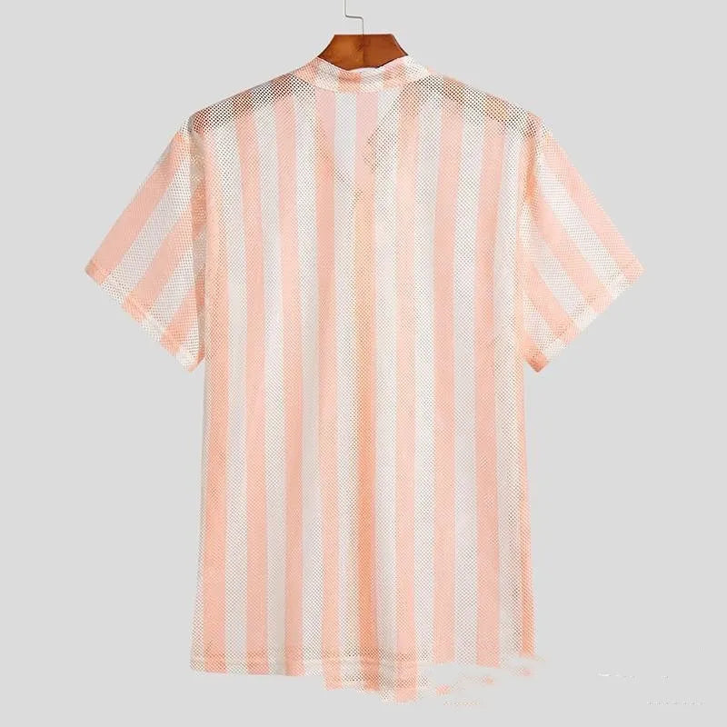 Men's pink waffle texture shirt cardigan with hole design and short sleeves