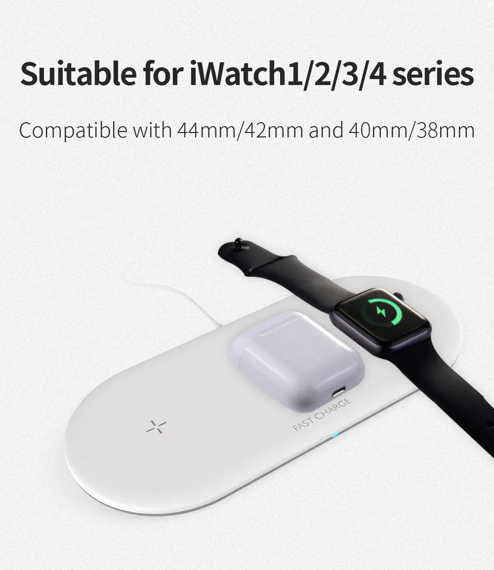 Black or white three-in-one wireless charging station for Apple-compatible phone, watch, and headphones on a desktop