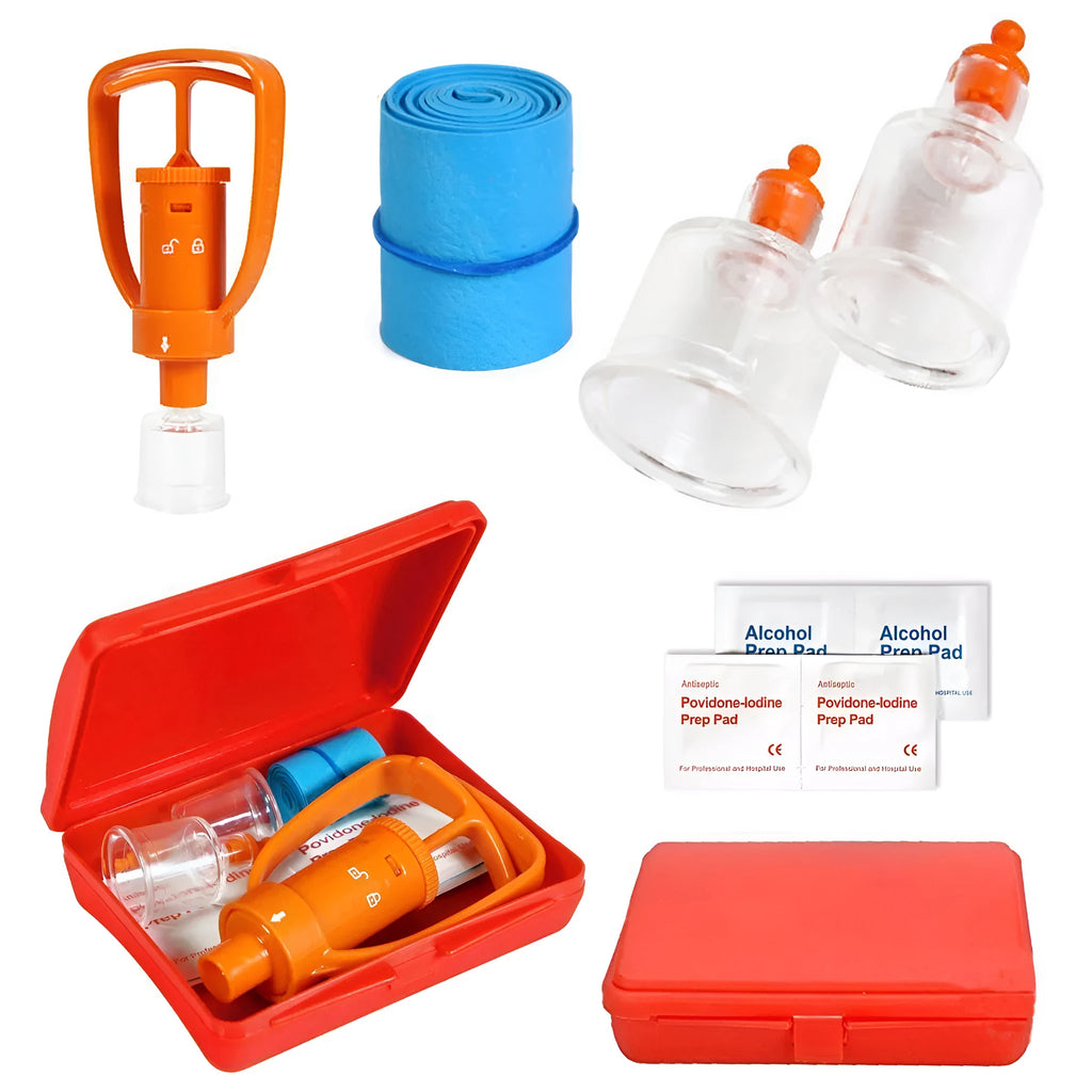 Orange ABS venom suction device with two suction cup sizes, vacuum pump, tourniquet and antiseptic swabs for field first aid