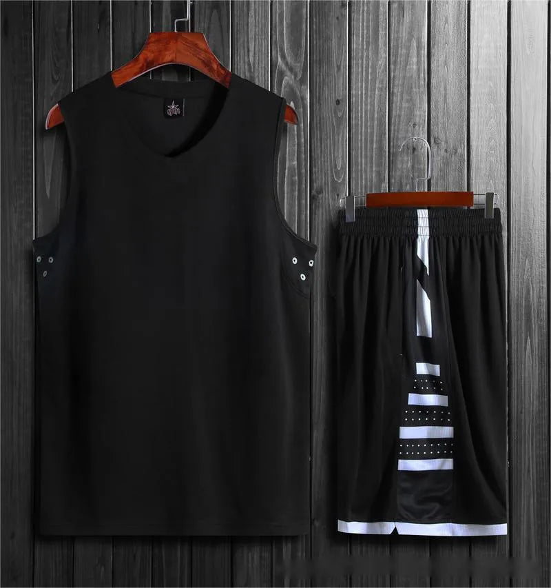 Black and white unisex sports vest for basketball and training, shown with matching pants.