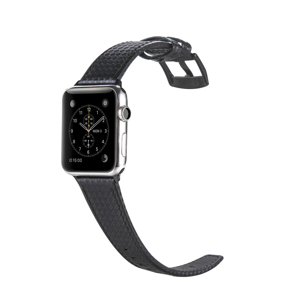 Carbon fibre pattern and leather iPhone watch strap in four colour options with two size ranges