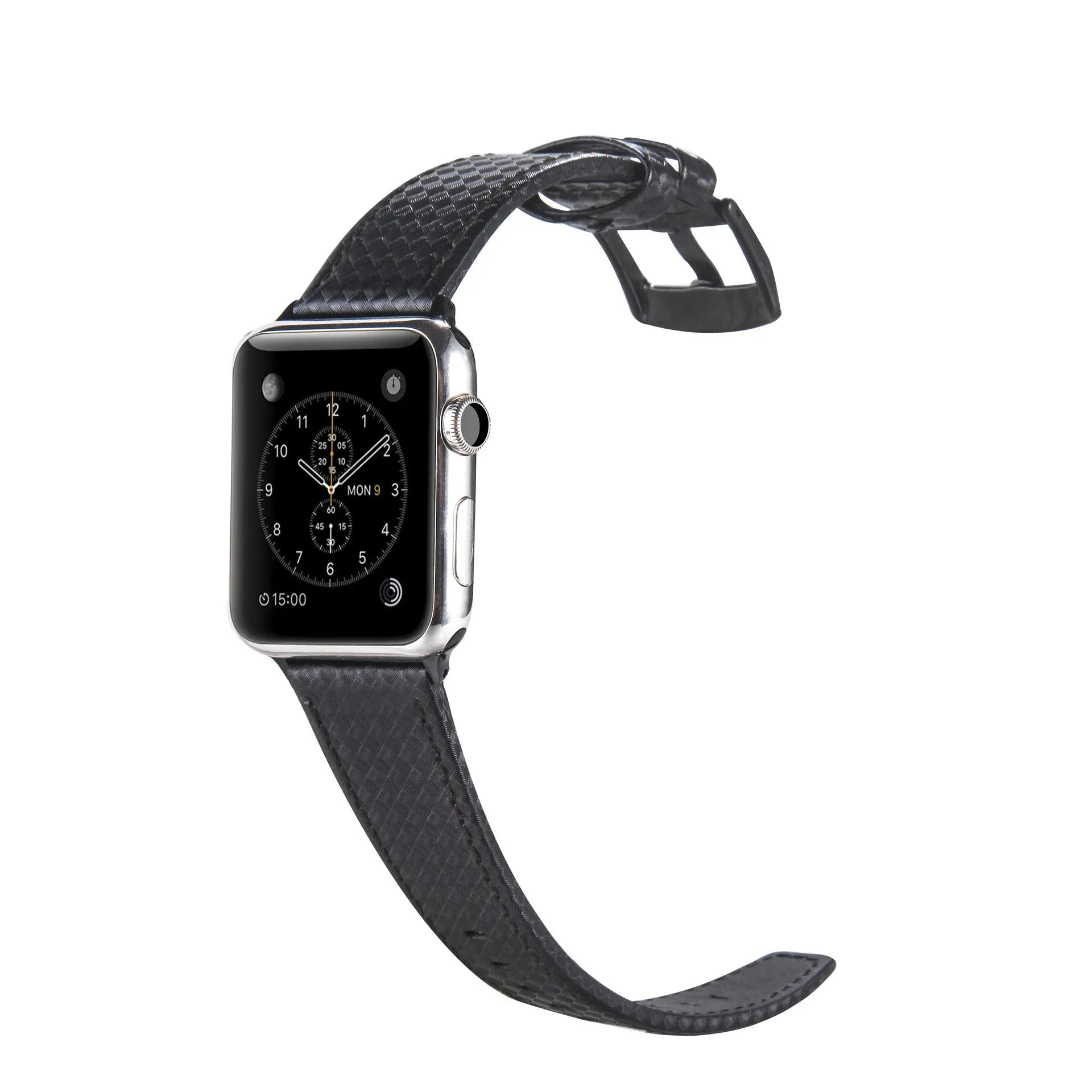 Carbon fibre pattern and leather iPhone watch strap in four colour options with two size ranges