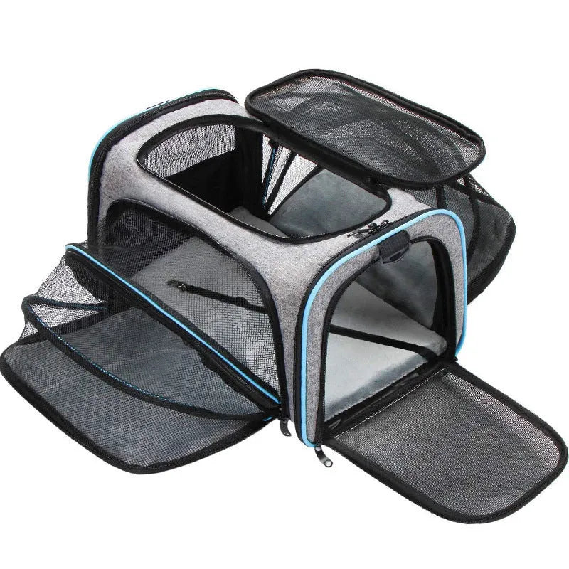 Large capacity cat carrier bag in black with red piping, made from 600D cation material